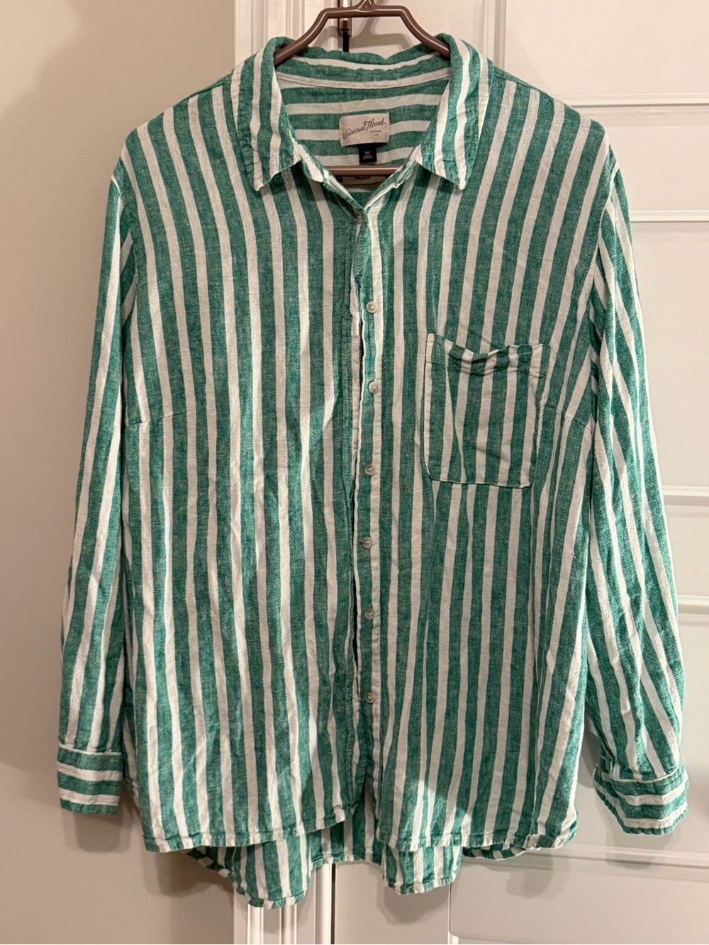 Universal Thread Green & White Vertical Stripe Button-Down Shirt